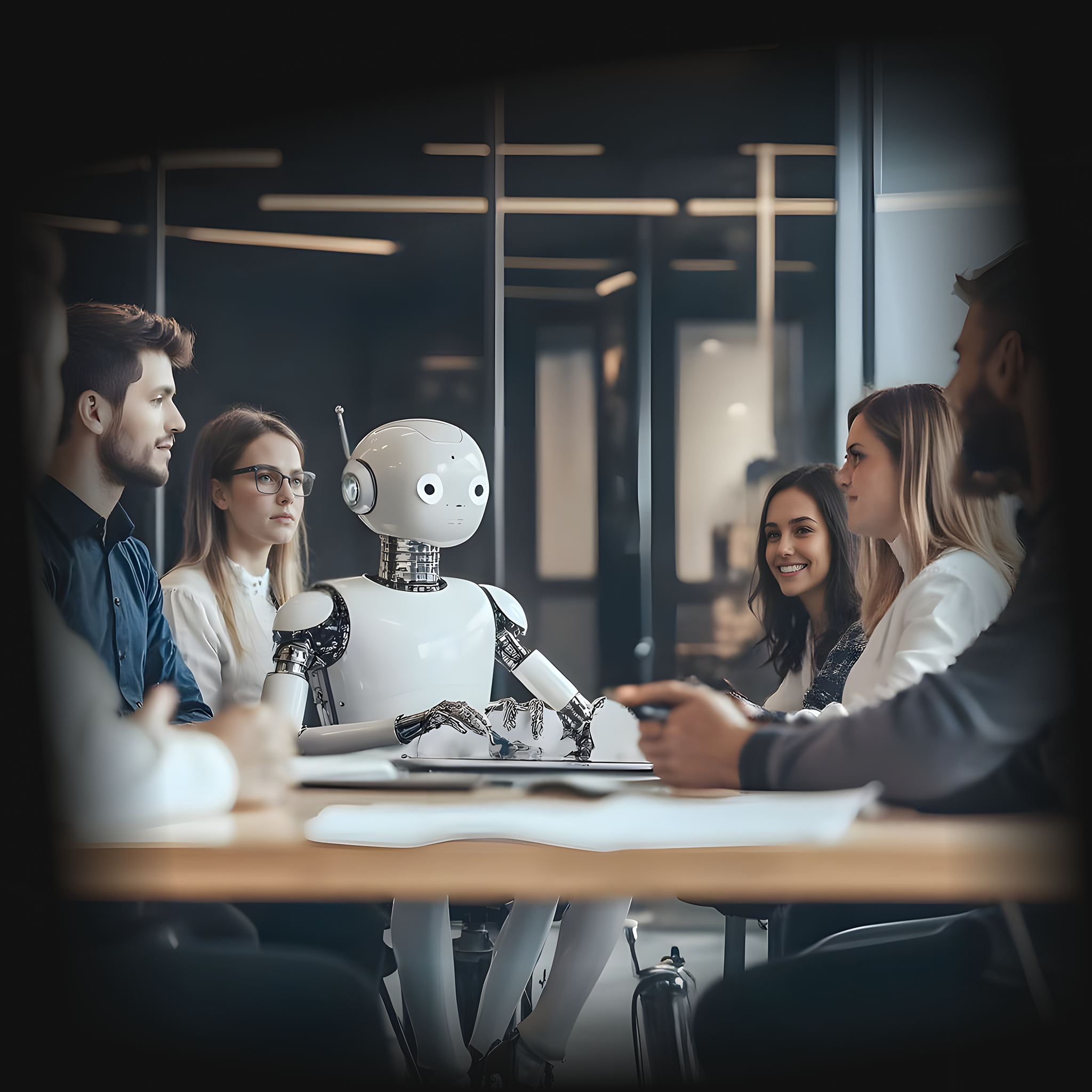 Personen in einem Meeting mit Roboter