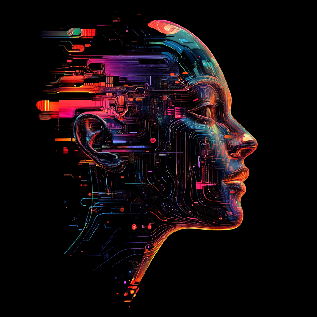 Farbenfrohe Darstellung der Silhouette eines Gesichts mit digitalen Strukturen